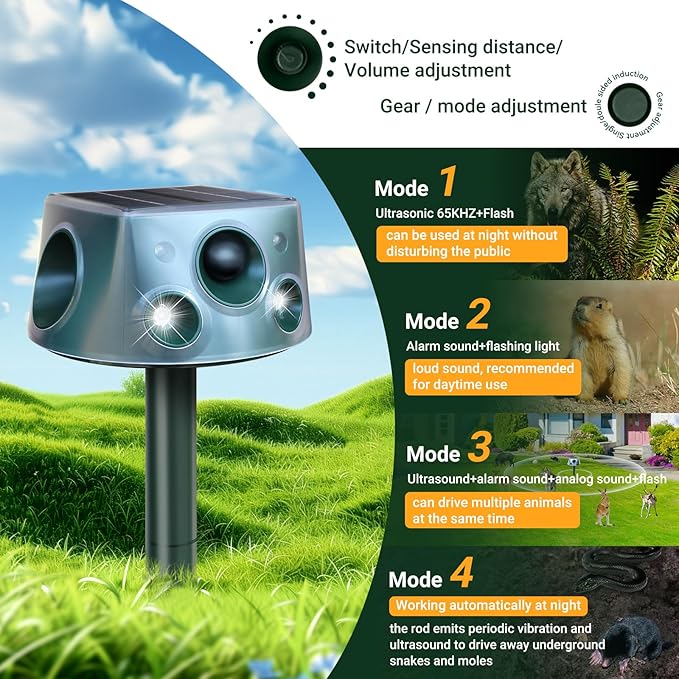 Upgraded 360° Solar Animal Repellent: Cat Repellent Outdoor | Ultrasonic Pest Repeller with Motion Detection & PIR Sensors | Squirrel Repellent for Sankes, Raccoons, Dogs, Skunk, Rabbit, Rodent IP66