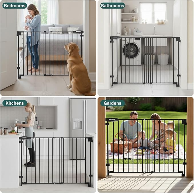 Mumeasy 29.5-43.3" Baby Gate for Stairs, No Bottom Bar Dog Gate with Removable Door & Slide-Adjust Drill Mount, Extra Wide Stairway & Hallway Walk Thru Pet Safety Gate for Doorways, Kitchen (Black)