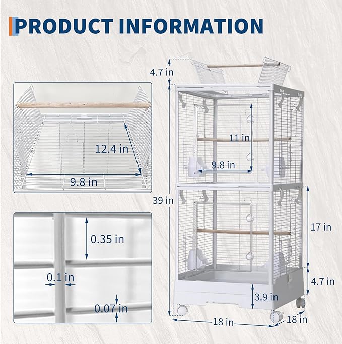 Bird Cage 40'' Open Play Top Bird Cage 3 in 1 Bird Carrier for Parakeets, Canaries, Lovebirds, Small Quaker with 360° Wheels