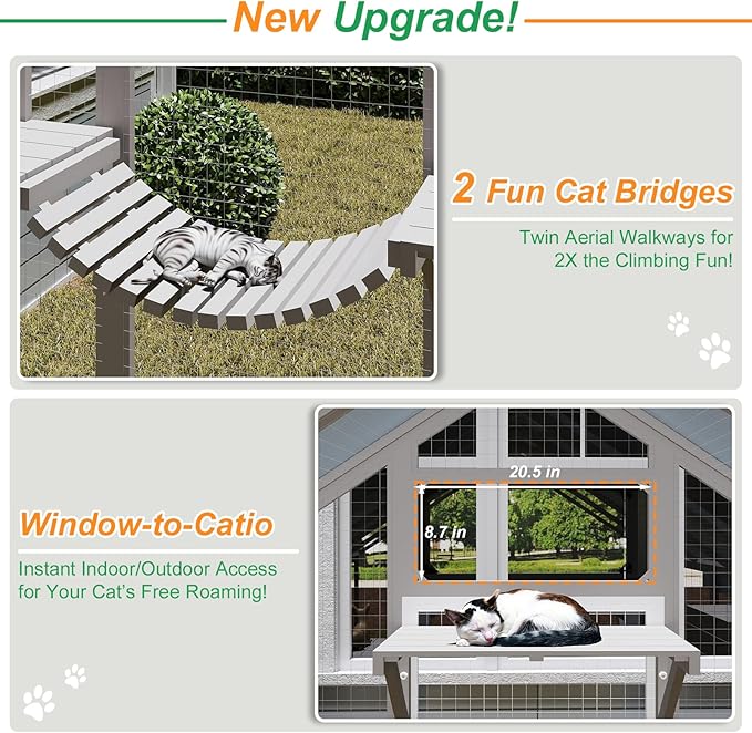 Extra Large Catio, Walk-in Outdoor Cat Enclosure with Weatherproof Cover, 8 Platforms & 2 Resting Boxes, Bridges & Window Connecting for Multiple Cats, Patio Backyard Pet Habitat