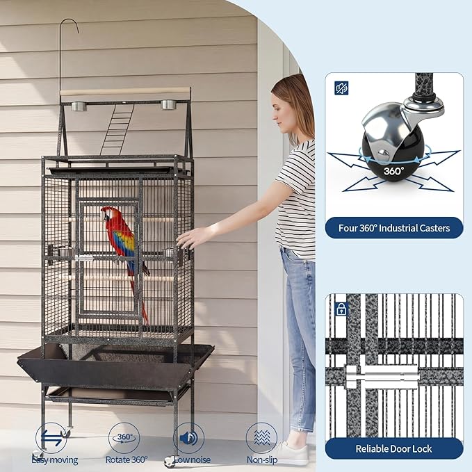Large 82" Parrot Cage with Wheels, Play Top & Rope Perch - Spacious Flight Bird Cage for Parakeets, Cockatiels, Conures - Powder-Coated Speckled Black