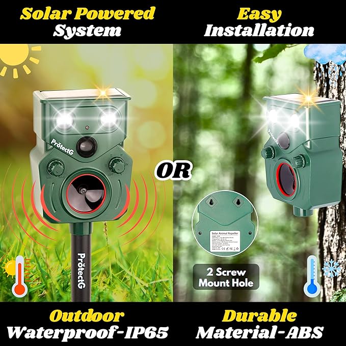 Solar Ultrasonic Animal Repellent Outdoor - Motion Activated Deterrent with Flashing LED Light - Waterproof Yard & Garden Protector for Deer, Cat, Racoon, Squirrel, Rodents, Bird (1 Pack)