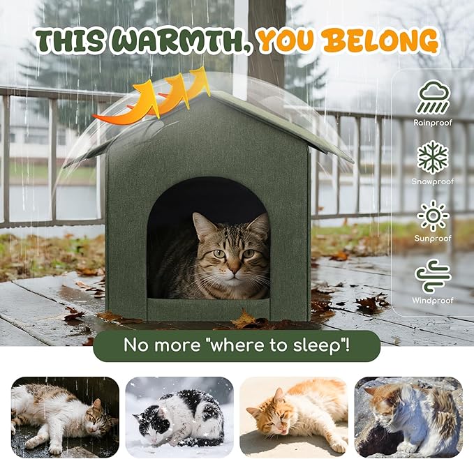 Outdoor Cat House Weatherproof, Insulated Cat Dog Houses for Outdoor/Indoor Cats for Winter, Waterproof Feral Stray Cat Shelter with Warm Cushion for All Seasons, Easy to Assemble, Olive Green