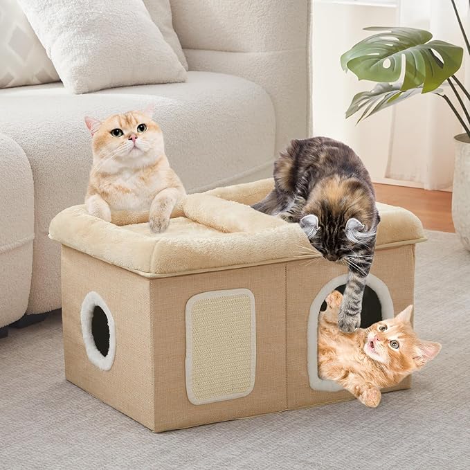 WINDRACING Cat Beds for Indoor Cats - Extra Wide Cat House for Pet and Foldable Cat Cave Bed with Scratch Pad, Cat Hideaway Condo for Kitten, 24.4x16.9x14.2 inches, Beige