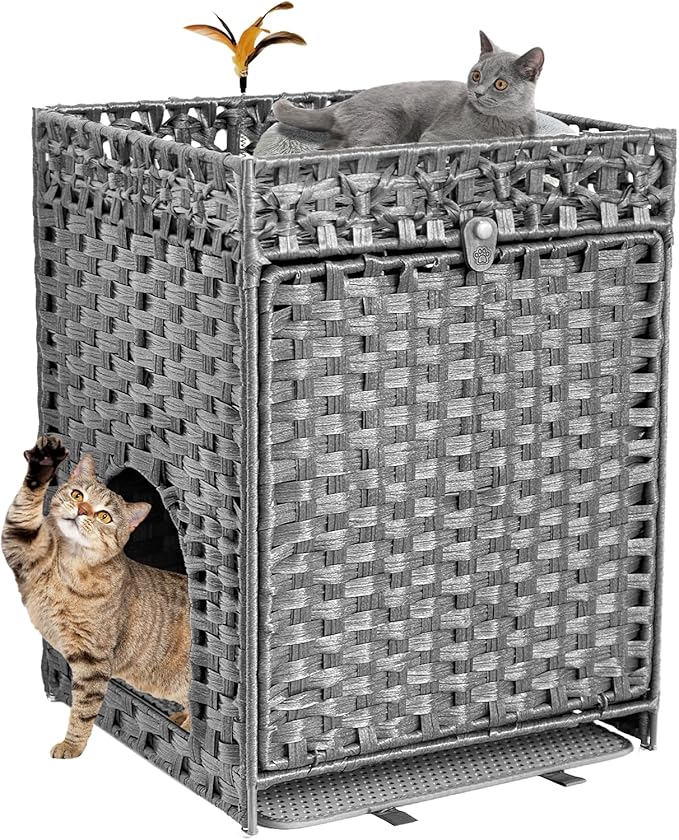 KOUSEI Handwoven Rattan Cat Litter Box Enclosure Furniture - Hidden Indoor Pet House with Door & Mat, Discreet Washroom Cabinet for Living Room and Bedroom, Grey