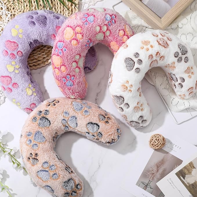 Sweetude 4 Pcs Pillows for Cats Puppy Bed Fluffy Pet Calming Soft Gifts Half Donut U Shaped Pet Neck Pillow Training Joint Relief Cervical Protection(Paw,Medium)