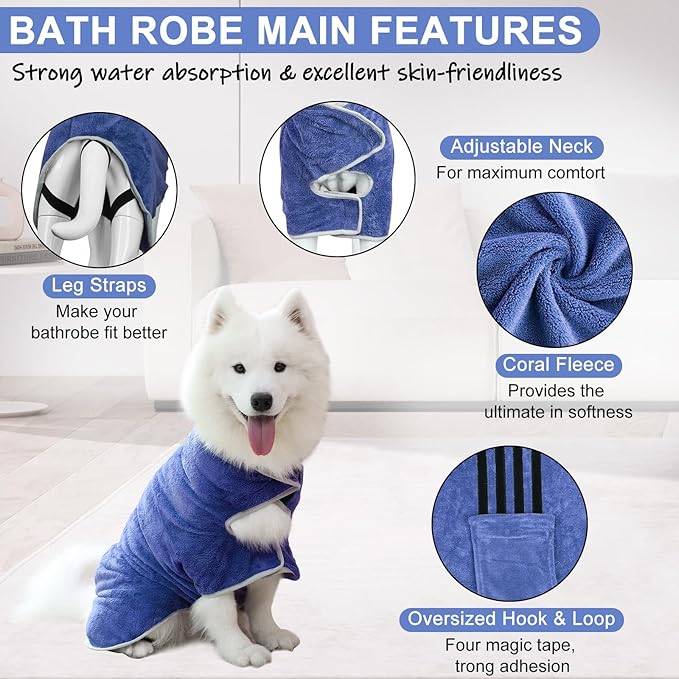 Dog Towel, Dog Bathrobe Pet Grooming Towel Drying Coat Robes for After Bath Collection Absorbent Microfiber Bath Towels for Drying Dogs Small Medium Large