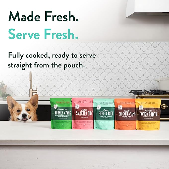Portland Pet Food Company Fresh Dog Food Pouches - Human-Grade Toppers Wet Pet Meal & Mixers - Small & Large Breed Puppy & Senior Dogs - Gluten-Free, Limited Ingredient Rosie’s Beef N' Rice - 8 Pack