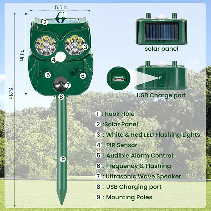 Solar Ultrasonic Animal Repellent Outdoor, 2Pack Waterproof Deer Repellent Devices with RIP Motion Sensor LED Flashing Lights, Cat, Raccoons, Skunks, Rabbits Deer Deterrent Outdoor