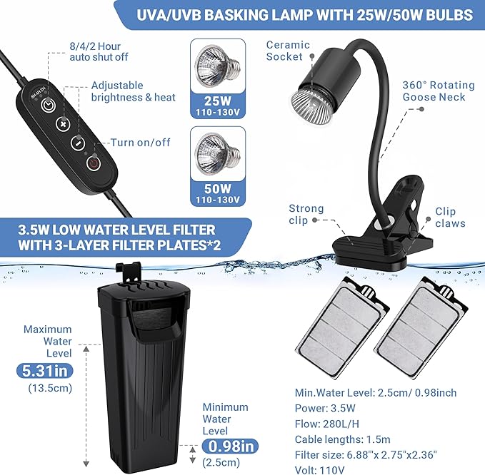 GOZILLA Aquatic Turtle Tank+Lamp+Filter Kit, Upgrade PC Turtle Tank Starter Kit with Adjustable 360°Lamp & Filter,Reptile Habitat Lid,Hanging Platform for Small Reptiles.(15.75×7.9×9''/Black)