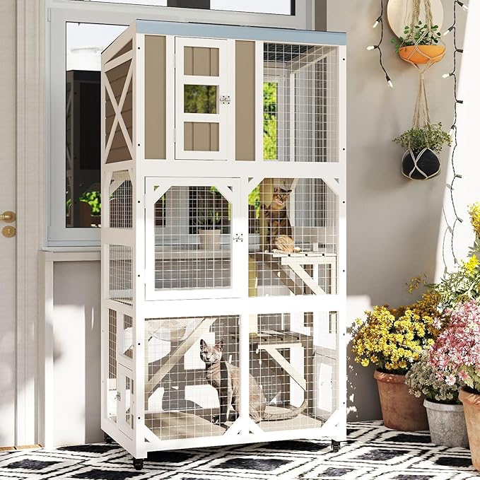 64" Large Wooden Catio Outdoor Cat Enclosure, Window Cat House with Wheels & 3 Platforms, Kitty Cage with Weatherproof Roof for Multiple Cats (Gray)
