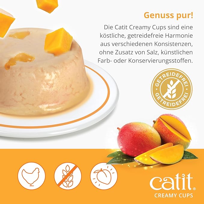 Catit Creamy Cups Cat Treats – Chicken/Mango 4 Pack for Cats & Kittens – Grain-Free, No Salt or Preservatives
