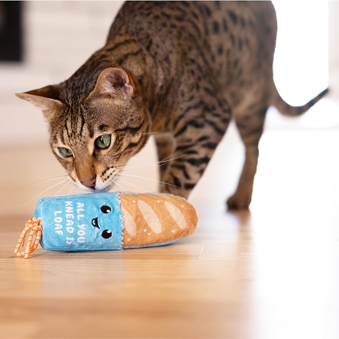 Catstages Loaf Kicker Toy with Catnip and Dental Mesh, Bread Shape, Plush and Ribbon Cat Toy for Kicking, Tossing, and Teeth Cleaning, Tan