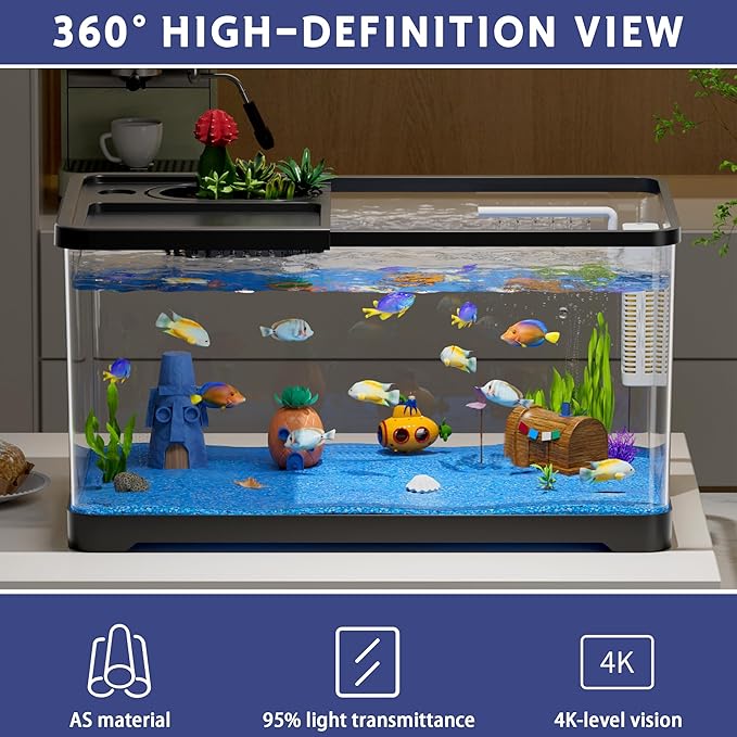 5.3 Gallon Fish Tank, 9 in 1 Betta Fish Tank, Aquarium with LED Full Spectrum 3 Color Light, 3 Modes Filter, Hydroponic Basket, Fishing Net, Shells, Aquatic Plant, Pebbles, Coral, Starter Kit (Black)