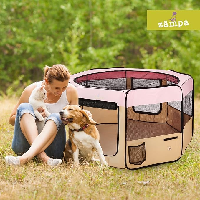 Zampa Puppy Pop Up Portable Playpen for Dog and Cat, Foldable | Indoor/Outdoor Kitten Pen & Travel Pet Carrier + Carrying Case (Pink, Extra Large (80"x80"x36"))