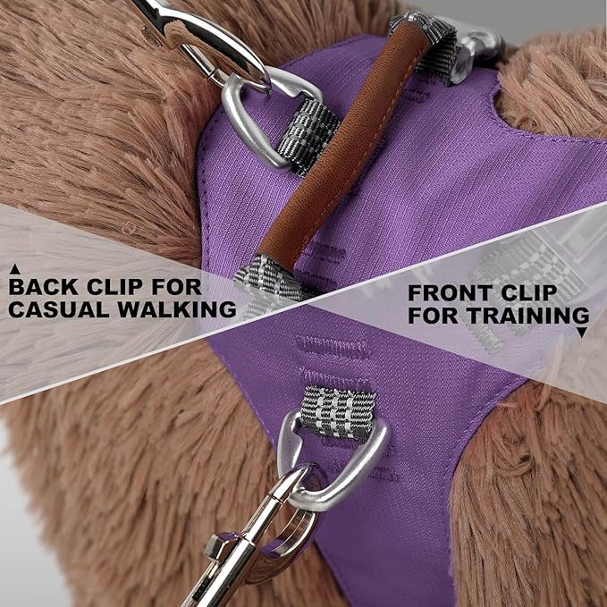 No Pull Dog Harness – Adjustable Reflective Nylon Vest for Small Medium Large Dogs, Escape Proof Training Harness with Leather Control Handle, Lightweight Aluminum Hardware (Purple, L)