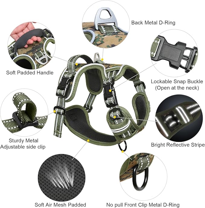 Timos Dog Harness Large Sized,No Pull Dog Harness Adjustable Metal Rings 3 Buckles,Reflective No Choke with Easy Control Handle for Large Dogs,Military Green L