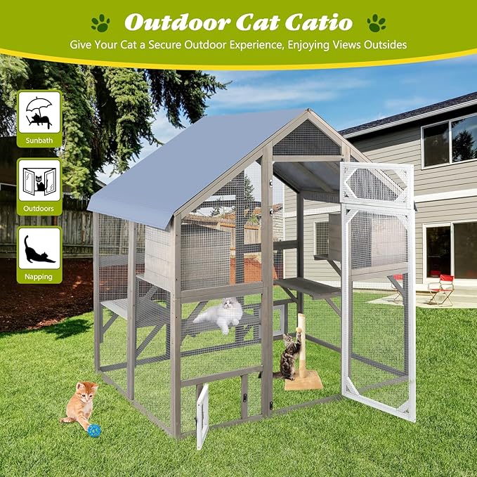PetsCosset Cat Catio Outdoor Enclosure Outside Patio Large Catio House for Indoor 2-3 Cats Weatherproof Wooden Walk in Kitty Kennel Cage,Versatile Use for House's Window,Pet Doors, Tunnel - 71" H