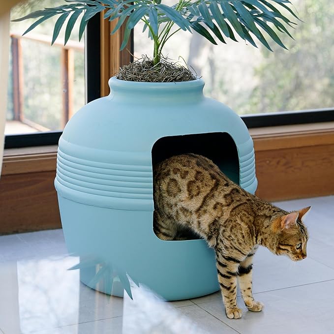 Good Pet Stuff Hidden Litter Box Planter, Decorative Cat Litter Enclosure with Carbon Filter, Artificial Plant, Easy Clean, Indoor Design, Original Round Style, Base Kit, Caribbean Blue