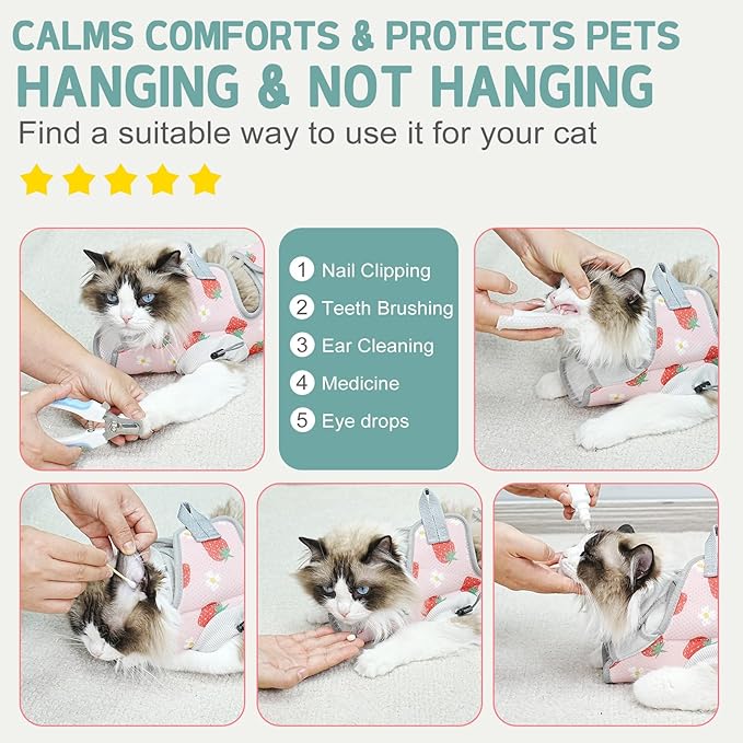 Supet Cat Grooming Hammock Harness for Nail Trimming, Cat Grooming Hanging Sling for Nail Clipping, Pet Restraint Holder for Cutting Nails, Medicine, Ear & Teeth Cleaning, Eye Care (Strawberry S)