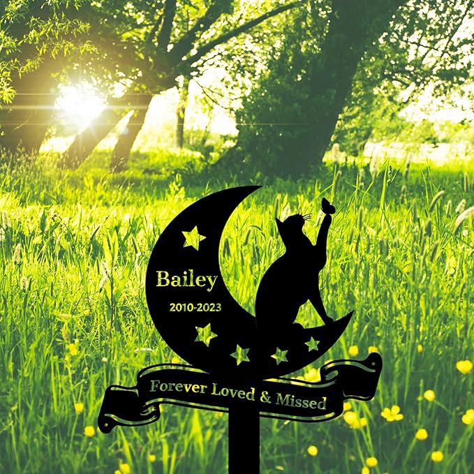 Custom Stars Moon Cat Grave Marker Outdoor, Personalized Metal Cat Memorial Stake Grave Marker, Customized Cat Memorial Statue for Outside Garden Plaque Pet Memorial Marker for Cats