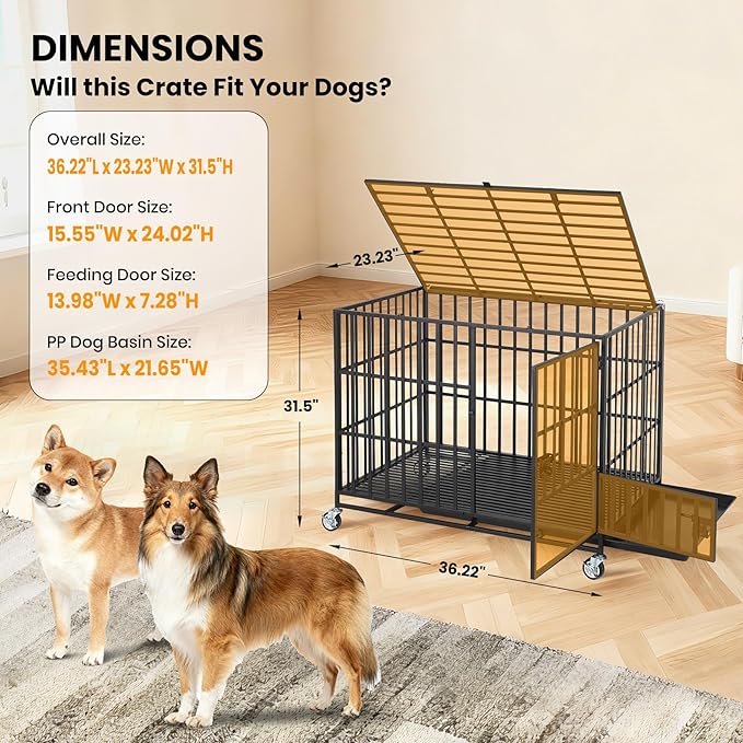 36 Inch Heavy Duty Dog Crate with Wheels, Escape Proof Metal Kennel with 3 Doors & Removable Tray for Large Medium Dogs, Black