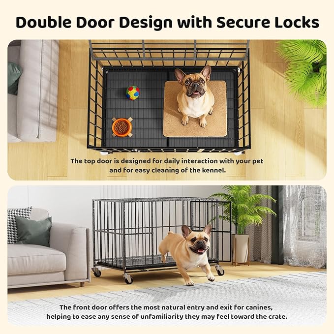 38 Inch Heavy Duty Dog Crate, Indestructible Escape-Proof Dog Kennel for High Anxiety Large Dogs, Strong Metal Pet Cage with Double Doors, Lockable Wheels & Removable Tray, XL XXL XXXL