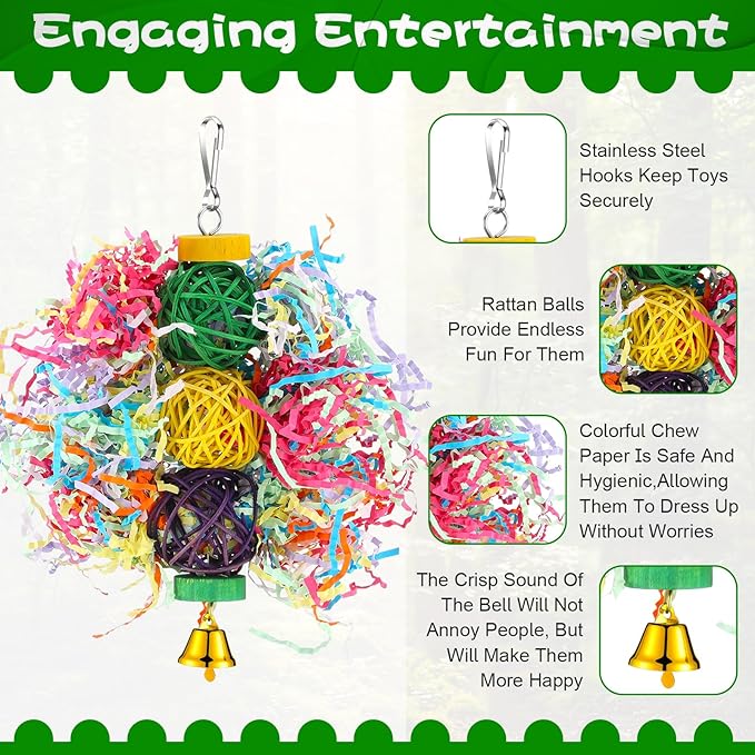 6 Pcs Bird Toy Parrot Chew Toy for Large Birds Rattan Ball Crinkle Paper Bird Shredding Toys Parrots Cage Accessories with Bell for African g Parrots Cockatoos Macaws Small Medium Parrot