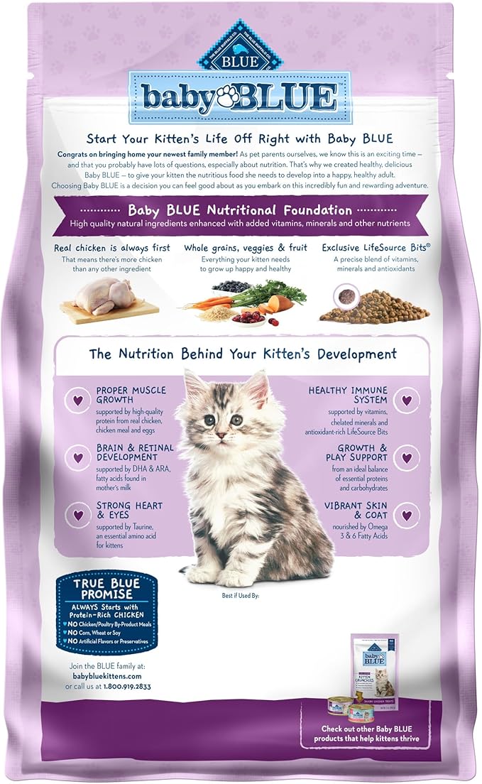 Blue Buffalo Baby Blue Natural Kitten Dry Cat Food, Healthy Growth Formula with DHA, Chicken and Brown Rice Recipe, 2-lb Bag