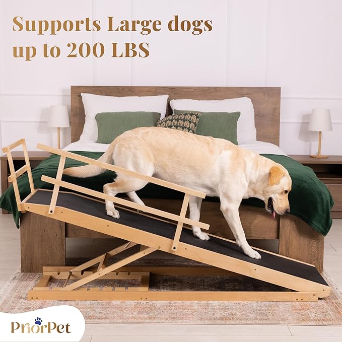 Dog Ramp for Bed with Safety Rails for High Beds up to 37" – Extra Wide 19.5" Adjustable Dog Bed Ramp for Large Dogs up to 200 lbs – Solid Birchwood, Non-Slip Rubber Surface, Foldable Design – Natural