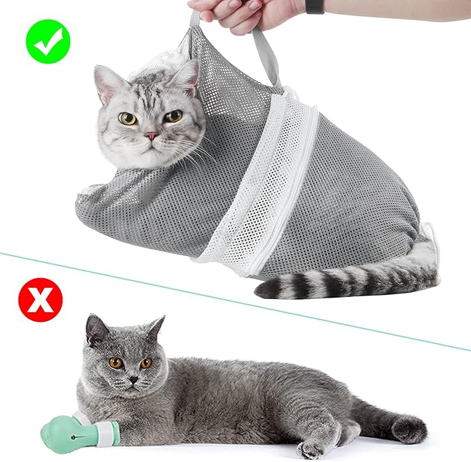 Cat Bag for Bathing Set with Cat Grooming Washing Bag Adjustable Pet Shower Brush - Cat Bathing Mesh Bag Anti Scratch Anti Bite Soft Durable for Cats & Dogs Restraint Grooming Nail Trimming Washing