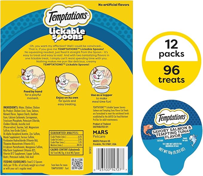 Temptations Lickable Spoons, Soft Lickable Cat Treats, Adult Wet Cat Treats, Savory Salmon and Tempting Tuna Flavor, 8 Spoons, Pack of 12 (96 Total)