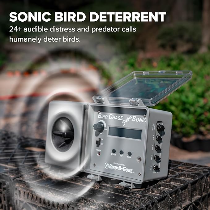 Bird B Gone - Bird Chase Super Sonic - Outdoor Sound Repellent - Scares Away Birds - Durable Weather Resistant Design - for Large Open Outside Spaces - Programmable Device - Up to 1 Acre Coverage