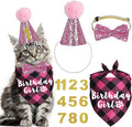 Cat Birthday Decorations, Cat Birthday Hat with Numbers Bandana Bow Tie for Cats Kittens (Pink)