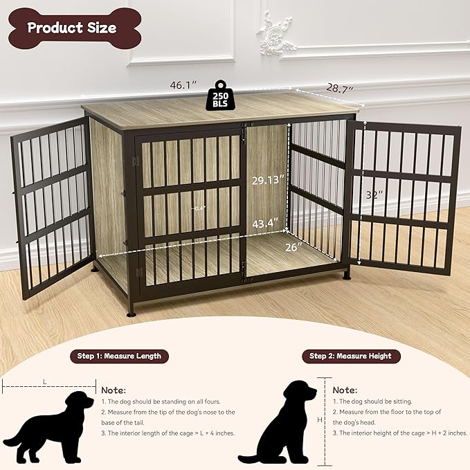 46'' Dog Crate Furniture Large Breed Dog Crate Dog Kennels for Inside Wooden Dog Crates End Table Heavy Duty Indoor Combination Cage for Medium to Large Dogs Maple