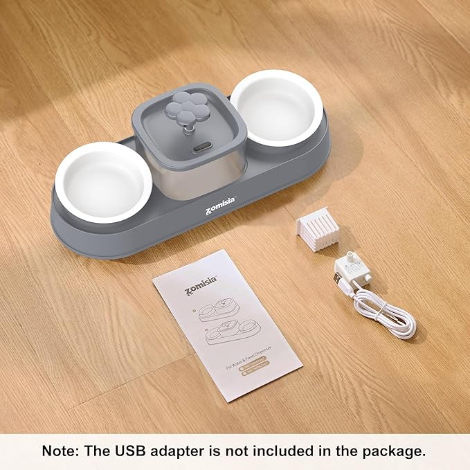 Cat Water Fountain and 2 Ceramic Food Bowls - 2 in 1 Ultra Quiet Automatic Pet Food and Water Bowl Set for Two Cats, Small Dogs, Gray (No Adapter)