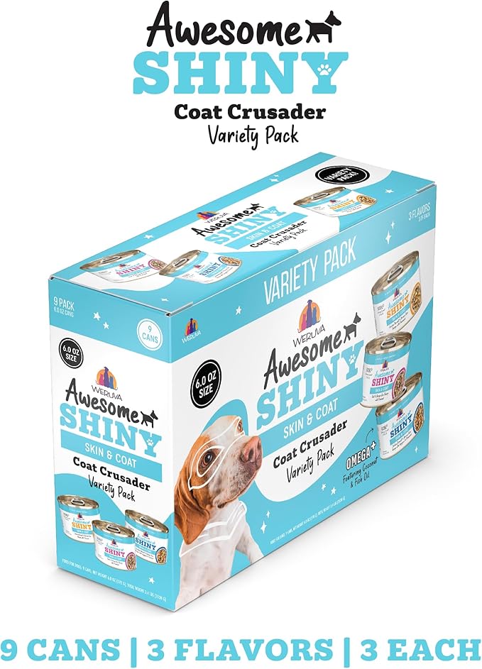 Weruva Awesome Shiny Wet Dog Food, Coat Crusader Variety Pack, 6oz Can (Pack of 9)