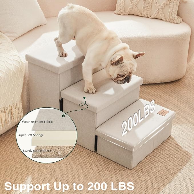 Love's cabin Dog Stairs for High Bed 18" H, Foldable Pet Stairs for Small Medium or Large Dogs Puppy with Storage for Bed or Couch, Cat Dog Steps Ramp with Zip up to 200 lbs, Beige, 3 Steps