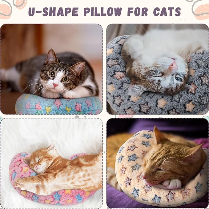 Sweetude 4 Pcs Pillows for Cats Puppy Bed Fluffy Pet Calming Soft Gifts Half Donut U Shaped Pet Neck Pillow Training Joint Relief Cervical Protection(Vivid Star,Medium)