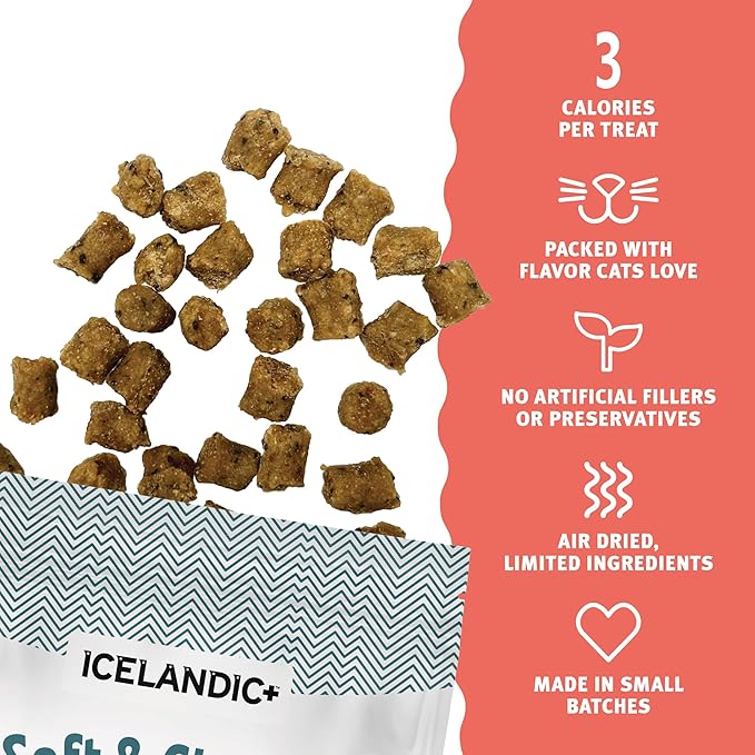 Icelandic+ Soft & Chewy Bites - Salmon, Cranberry & Kelp - 1.8oz Cat Treats, 70% Meat & Fruit, Air-Dried, Limited Ingredients, Pet Snack, Grain Free