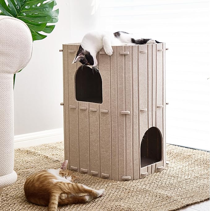 FUKUMARU Cat House for Indoor Cats, 23.62 Inch Large Cat Bed Cave Condo, 2-Storey Cozy Felt Covered Cats Tunnel Kitten Hideaway for Multicats, Scratch Resistant, Beige