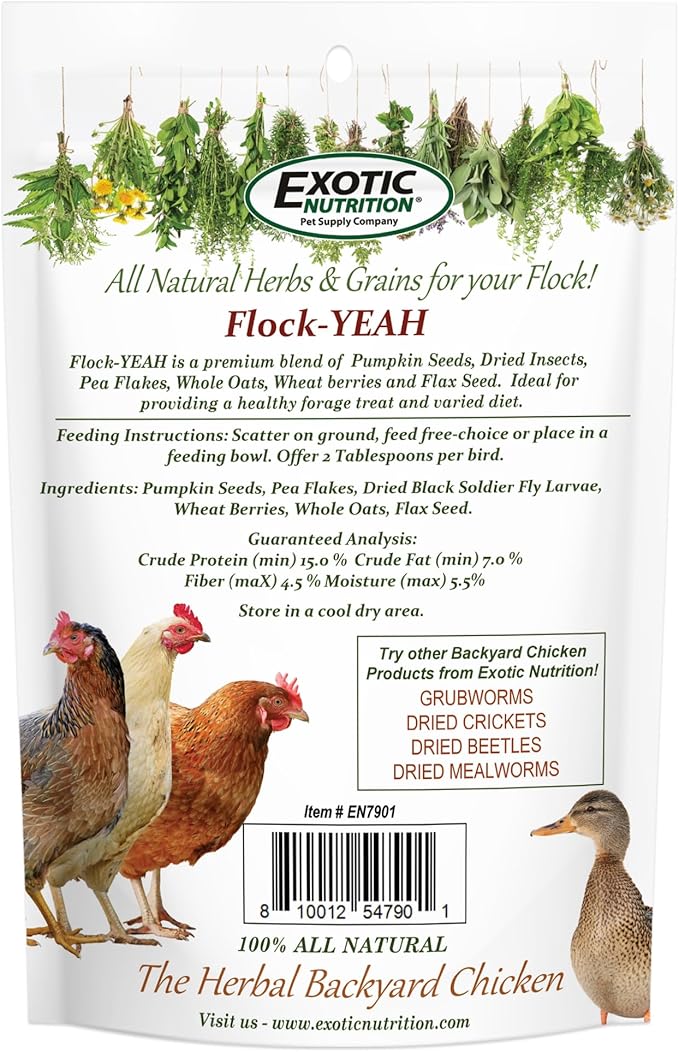 Exotic Nutrition Flock Yeah 10 oz. - Healthy All-Natural Chicken Treat - Natural Flowers, Herbs & Calcium Carbonate - Promotes Healthy Chickens & Eggs