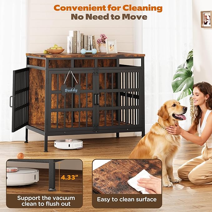 Large Dog Crate Furniture, Wooden Dog Kennel Furniture for Medium Large Dogs, Double-Doors Sturdy Metal Dog Cage for Anxiety Dog, Anti Escape Wooden Cage with Name Tag End Table, TV Stand Brown