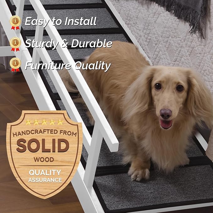 Dog Ramp for Bed or Couch, Wooden Pet Ramp with 20° Gentle Slope, Removable Side Rails, Non-Slip Surface, Top Platform & Wheels, Safe Bed Ramp for Small, Large & Senior Dogs, 74" Long, White