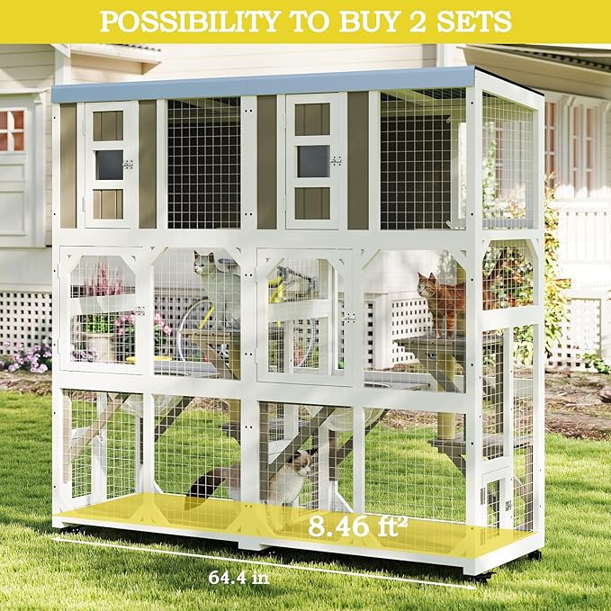 64.4" L Catio Outdoor Cat Enclosure,Outdoor Cats House with 10 Platforms & 2 Space Capsules,Wooden Cat Catio Cats Enclosure with Weatherproof Oxford Cloth Roof & 8 Wheels,Grey
