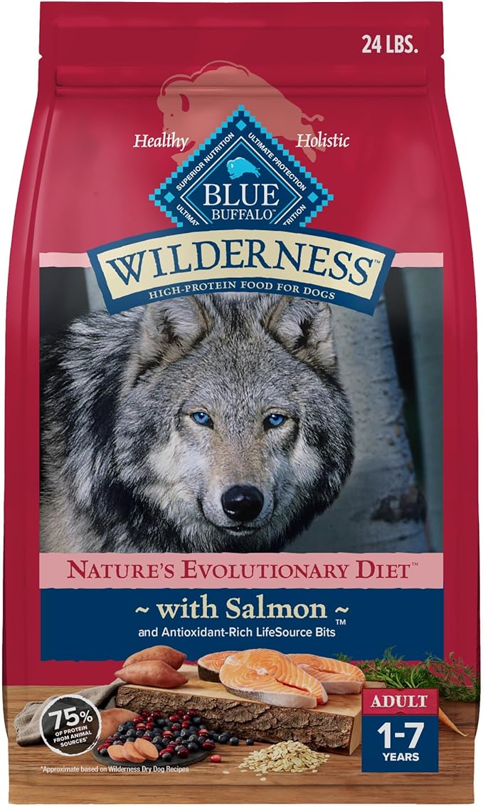 Blue Buffalo Wilderness Natural High-Protein Dry Food for Adult Dogs, with Wholesome Grains, Salmon, 24-lb. Bag