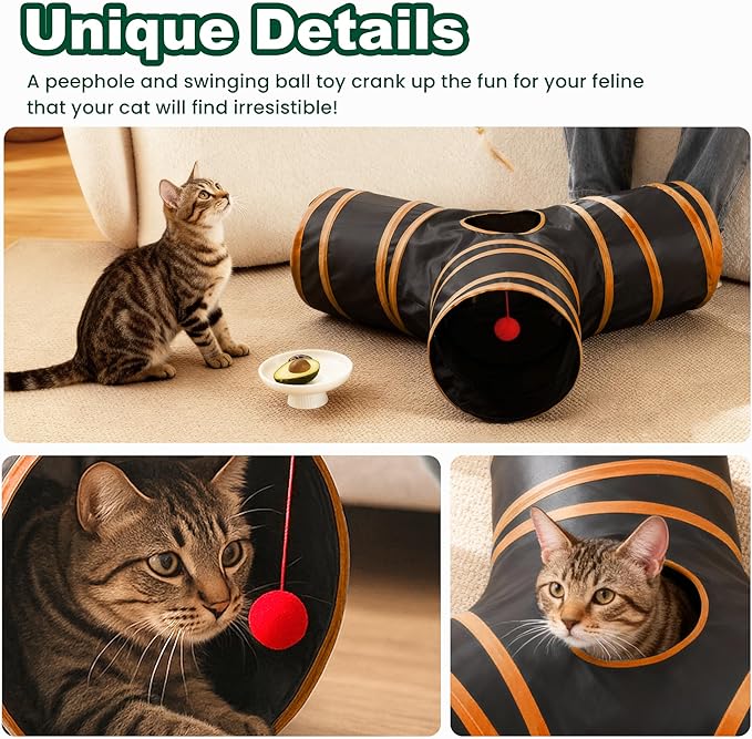Love’s Cabin Cat Tunnel for Indoor Cats, 3-Way Collapsible Play Tunnel with Teaser Wand, Peek Holes & Toy Ball, Small Pet Toy for Kittens & Rabbits, Black & Orange, Small Size