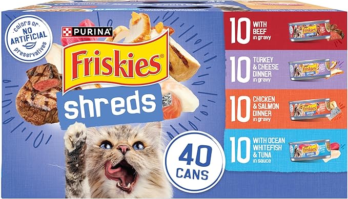 Purina Friskies Wet Cat Food Variety Pack, Shreds With Beef, Turkey and Cheese Dinner, Chicken and Salmon Dinner, and With Ocean Whitefish and Tuna - (Pack of 40) 5.5 oz. Cans
