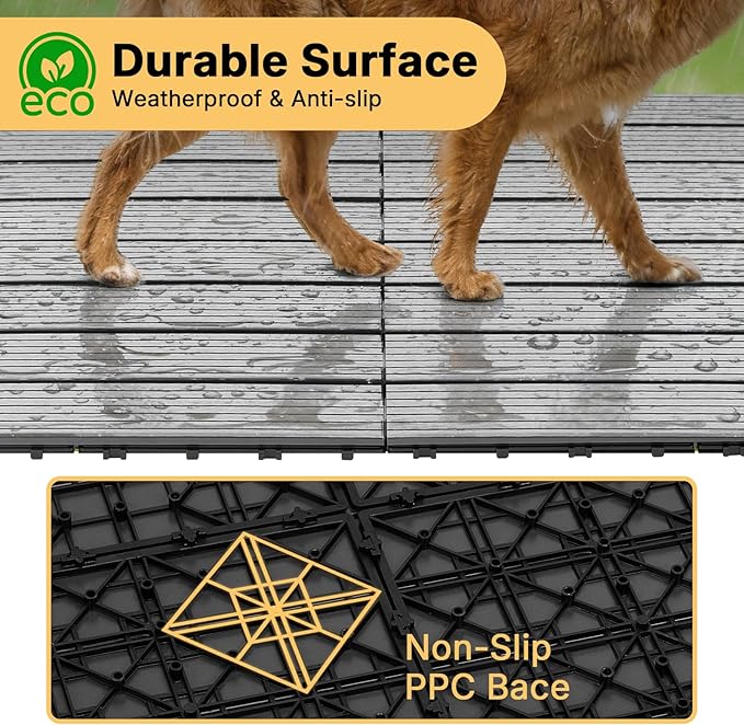 Veehoo Outdoor Flooring Decking for Dog Kennels, 4' x 4' Waterproof Dog Training Platform, Portable Deck for RV, Pet Enclosures,Grey (24 x 12 inches, 8PCS)
