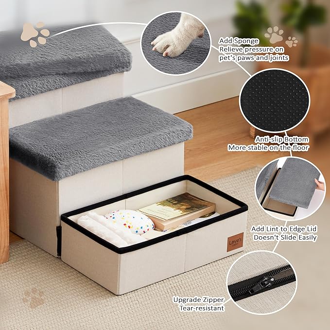 Love's cabin Dog Stairs for High Bed 18" H, 3 Steps with Furry Lids Pet Stairs for Small Medium Large Dogs, Foldable Cat Ramp with Zip up to 200 lbs, Grey